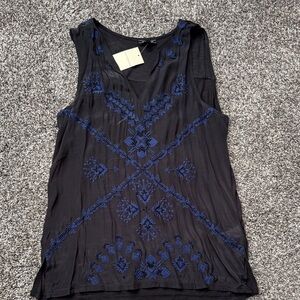Lucky Brand Black Sleeveless V-Neck Tank with Blue Embroidery